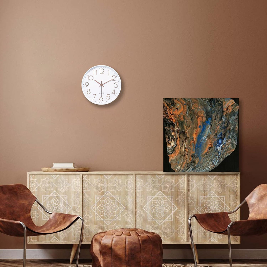 Lafocuse Weiss Modern Wanduhr Lautlos 30cm, 3D Ziffern Rosegold Ohne Tickgeräusche, Quartz Wanduhr A