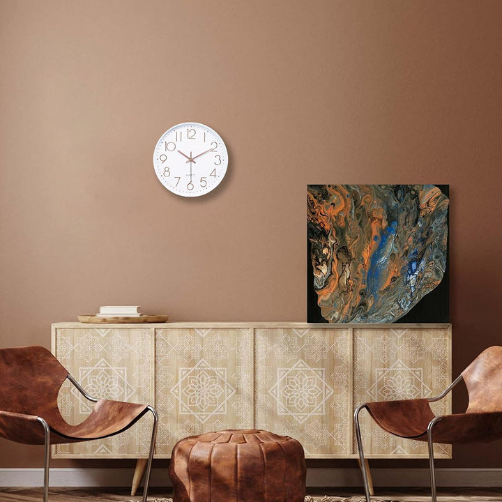 Lafocuse Weiss Modern Wanduhr Lautlos 30cm, 3D Ziffern Rosegold Ohne Tickgeräusche, Quartz Wanduhr A