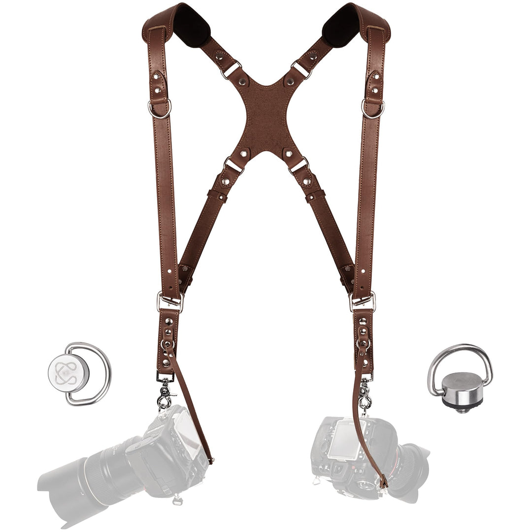 C Coiro Kamera-Zubehör Slim Dual Harness Zwei Kameras - Schulterriemen aus Leder, Braun, Einstellbar