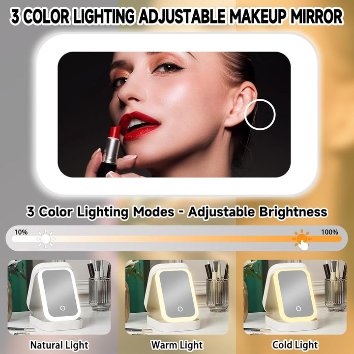 Kosmetiktasche mit Beleuchtetem Spiegel, 3 Farben LED Make Up Tasche, Schminktasche mit Spiegel und