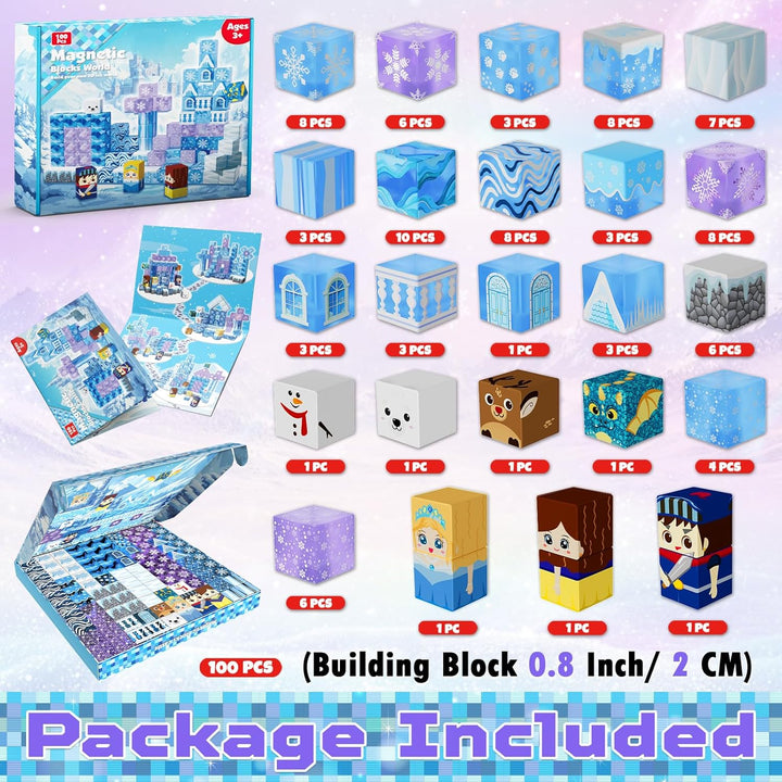 Magnetische Bausteine, 100 Pcs Magnetbausteine bauen einer eisblaue Zauberwelt, kreative Kinderspiel