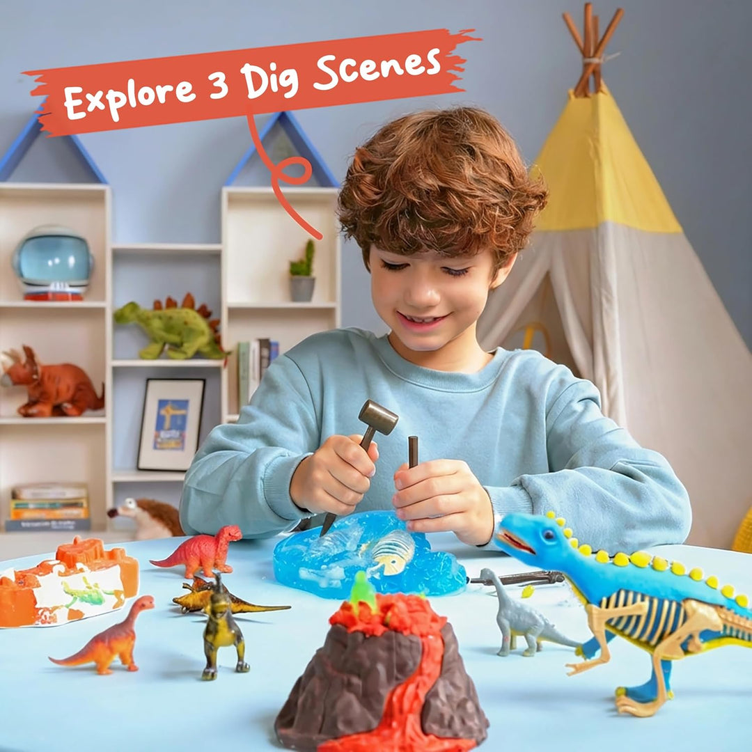 Klever Ausgrabungsset für Kinder, 3-in-1-Dinosaurier Fossilien- Ausgrabungsset (Vulkan See Land), Ba