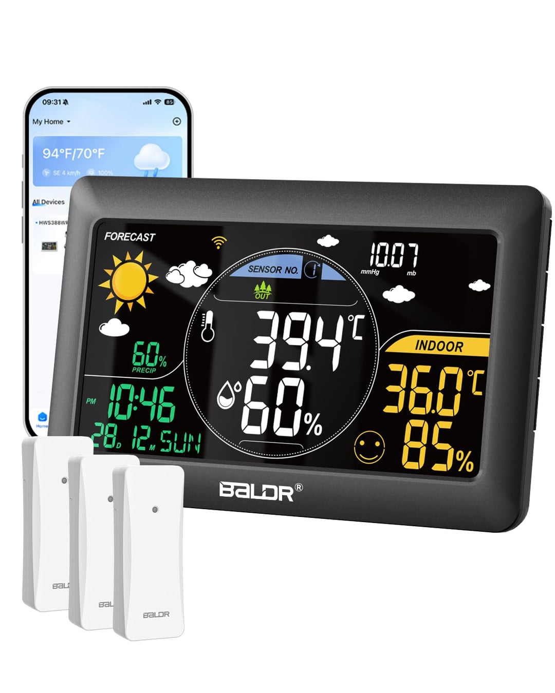 BALDR WLAN-Wetterstation mit App, 7,5-Zoll-Farbdisplay, 3 drahtlose Sensoren, kabellose Wetterstatio
