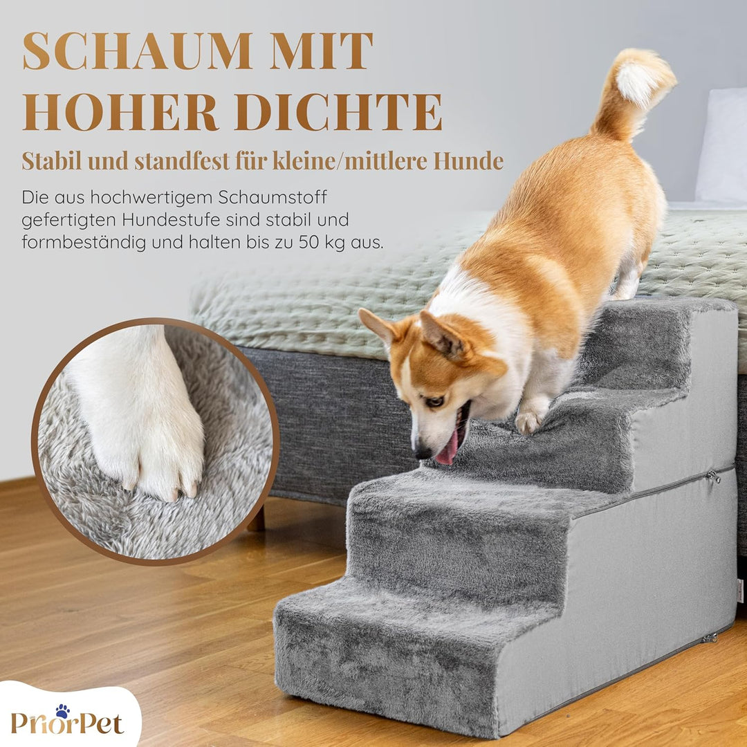Hundetreppe für Bett und Sofa - 4 Stufen Hunderampe 58cm Hoch - Schaumstoff für Kleine Hunde - Siche