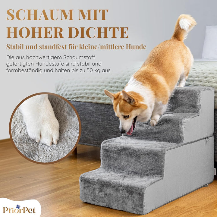 Hundetreppe für Bett und Sofa - 4 Stufen Hunderampe 58cm Hoch - Schaumstoff für Kleine Hunde - Siche