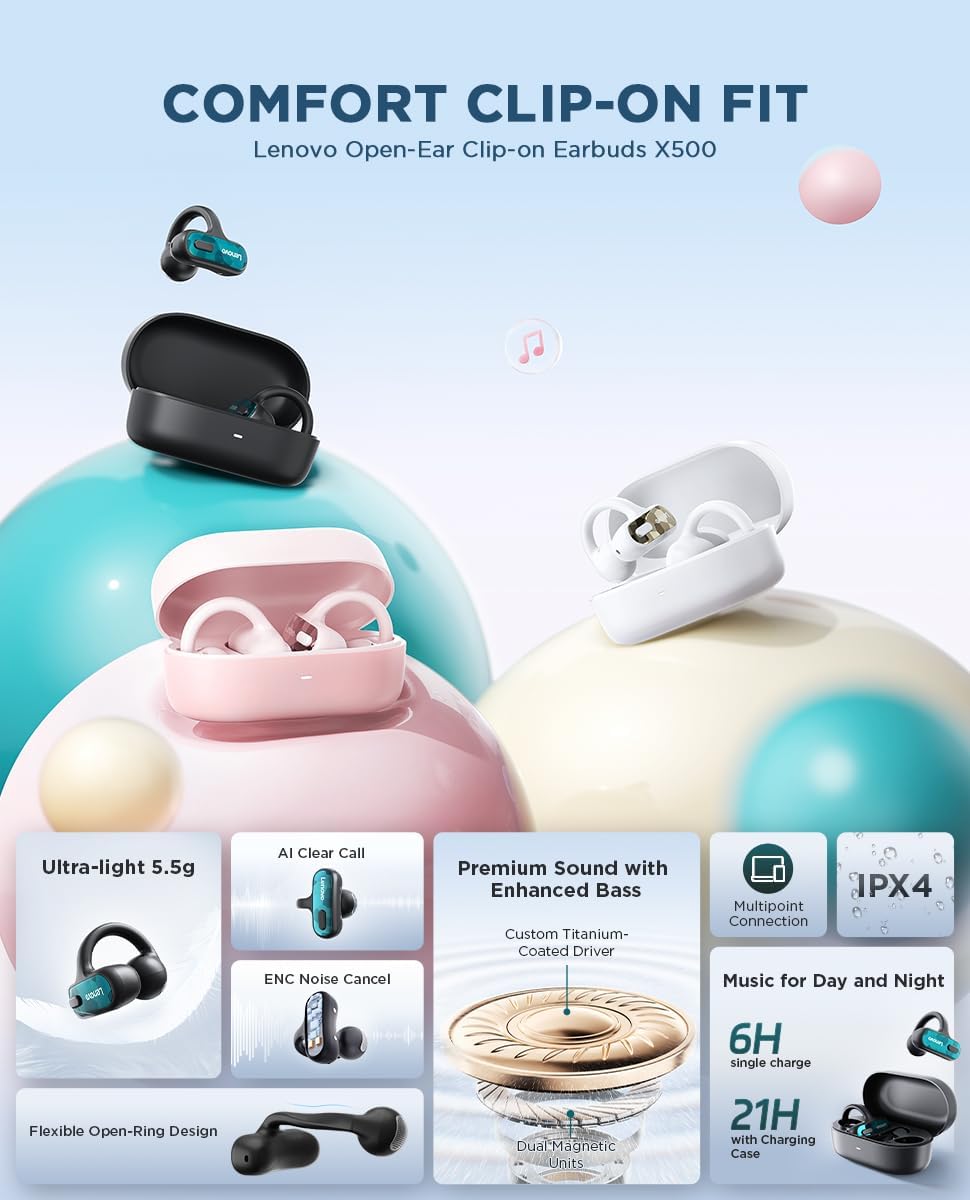 Lenovo Open-Ear Clip-on Earbuds X500 Pink | Bluetooth Kopfhörer | In Ear Kopfhörer | Kabellos