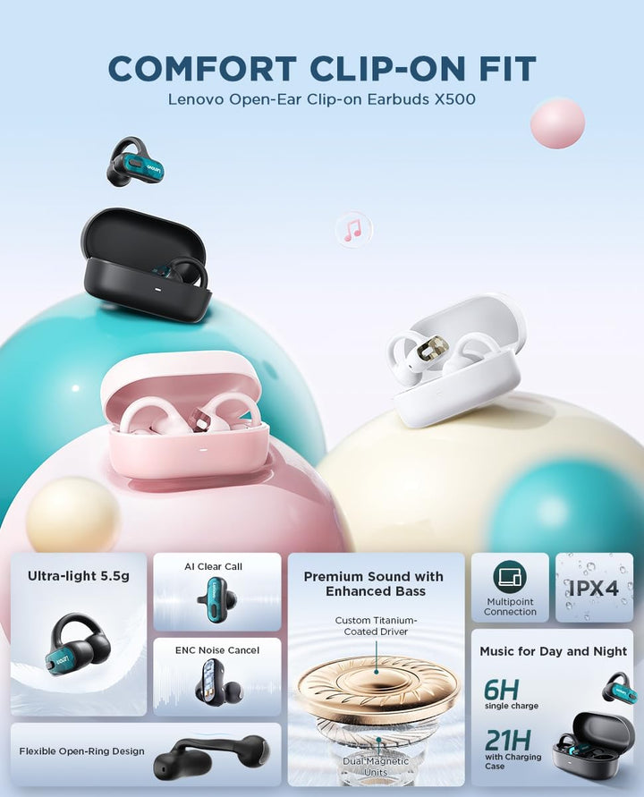 Lenovo Open-Ear Clip-on Earbuds X500 Pink | Bluetooth Kopfhörer | In Ear Kopfhörer | Kabellos