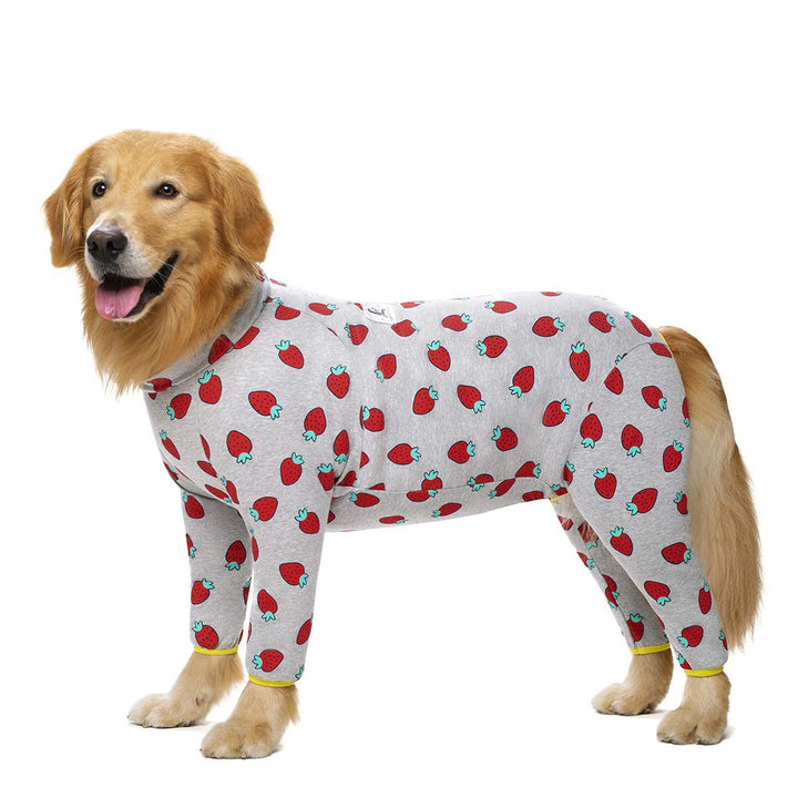 Grosser Hunde-Pyjama aus Baumwolle, Erdbeerdruck, volle Bauchbedeckung, für mittelgrosse und grosse