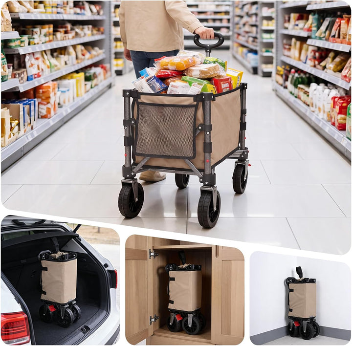YEAUPE PRO Bollerwagen Faltbar 70L 80KG Klein, Seitlicher Reissverschluss Khaki, Khaki