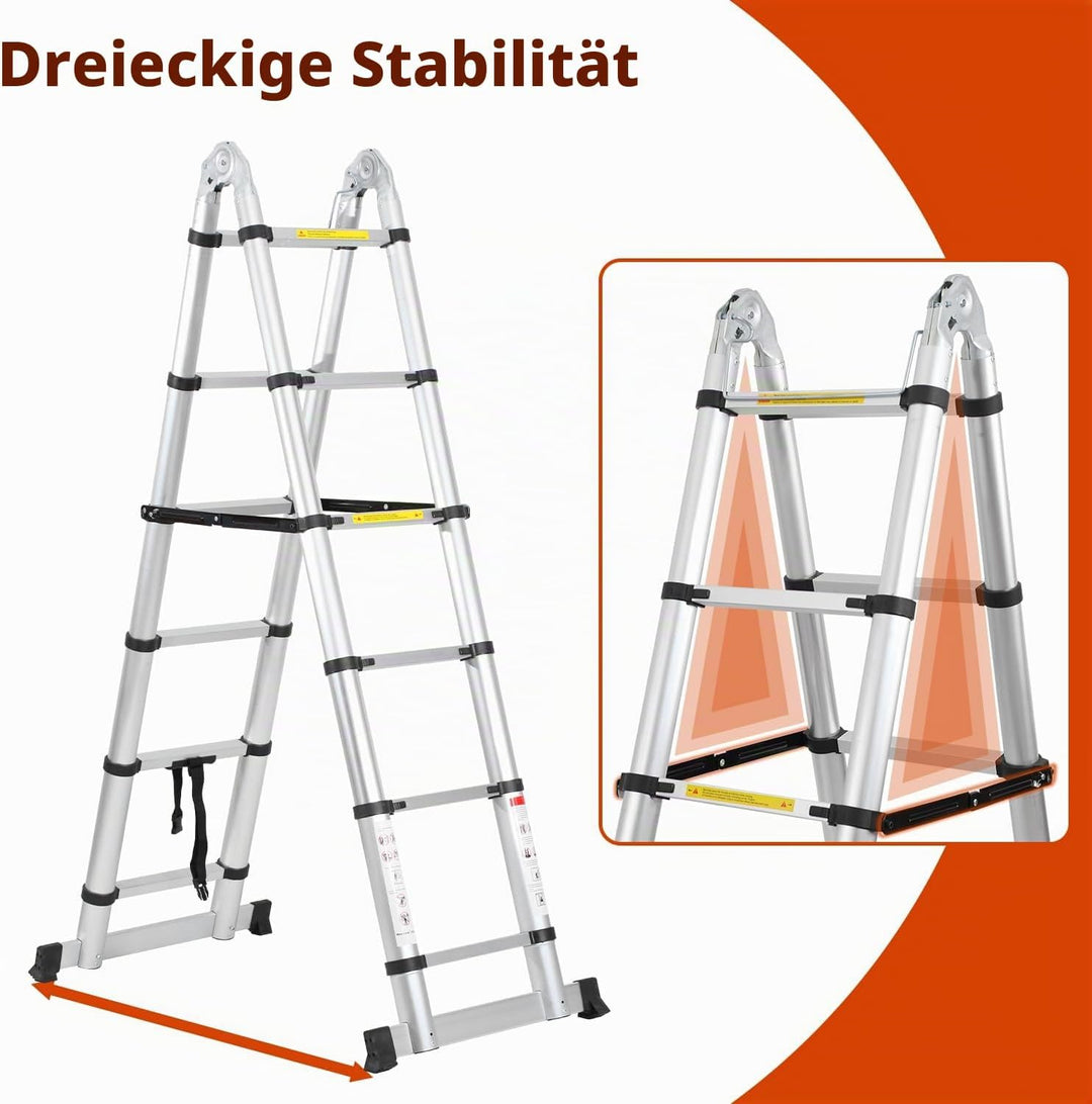 Cecaylie Teleskopleiter Klappleiter Aluminium, 3.8M(1.9M+1.9M) Ausziehbare Leiter mit Stabilisatoren