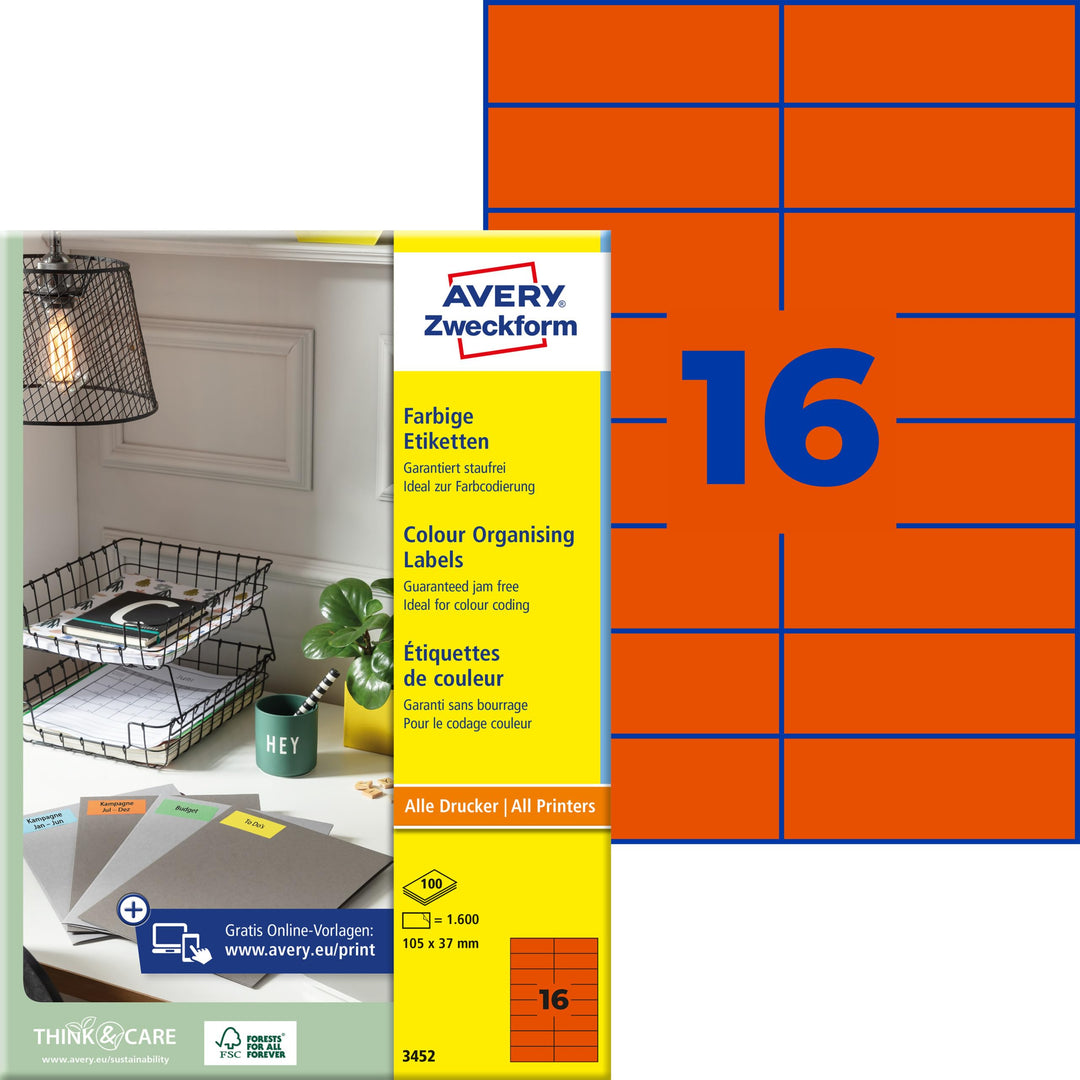 AVERY Zweckform 3452 Rote Etiketten (1.600 Aufkleber, 105x37mm auf A4, permanent haftend, selbstkleb