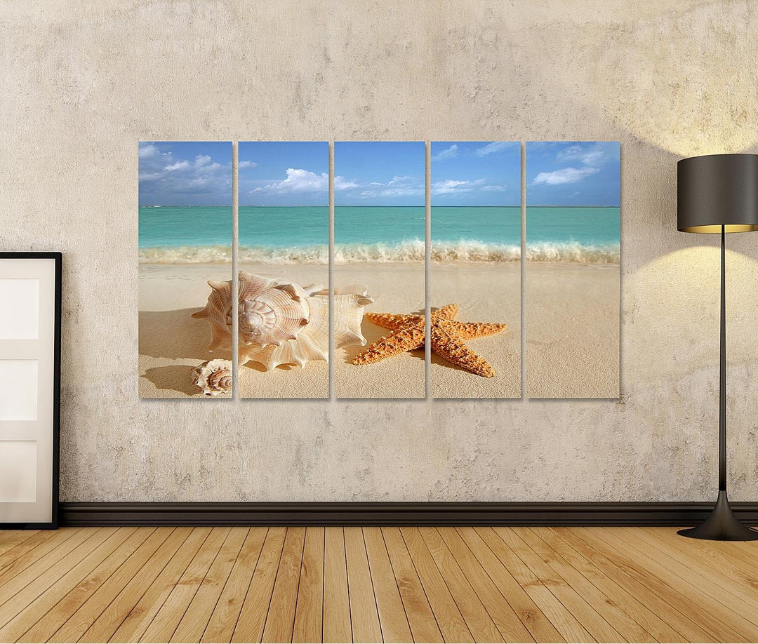 islandburner Bild auf Leinwand Meer Muschel Seestern Im Tropischen Sand Türkisfarbenes Meer Karibik