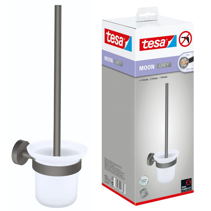 tesa MOON GREY WC-Garnitur, Set mit Halter &amp; WC-Bürste, matt grau, satiniertes Glas - für Bäder im I