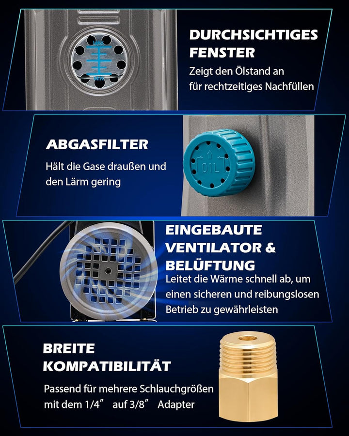 Orion Motor Tech Vakuumpumpe 3.5 CFM 100L/Min 1/4HP Unterdruckpumpe Klimaanlage 3-Wege mit Adapter f