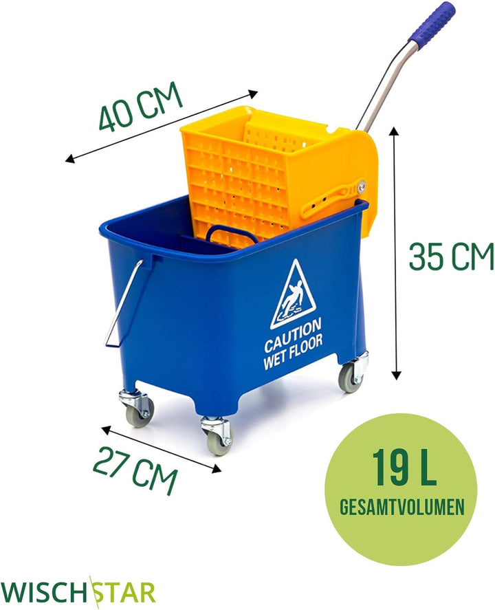 Wisch-Star Reinigungswagen mit Presse, 40x27x35cm mit 19 Liter Putzeimer mit Auswringer, Profi Putzw