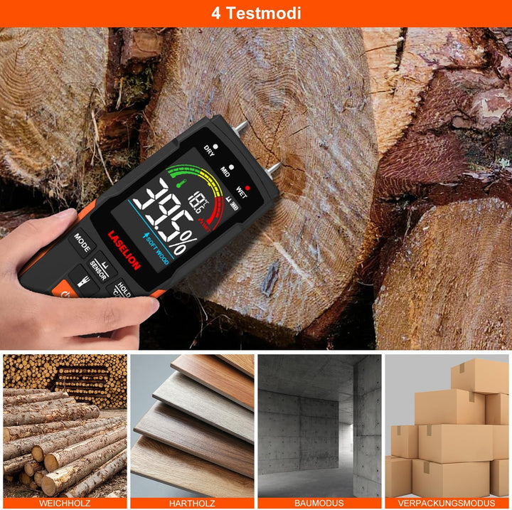 2-in-1 Feuchtigkeitsmessgerät mit Stift- und Stiftlos-Modus – Für Holz, Beton, Trockenbau, Karton u.