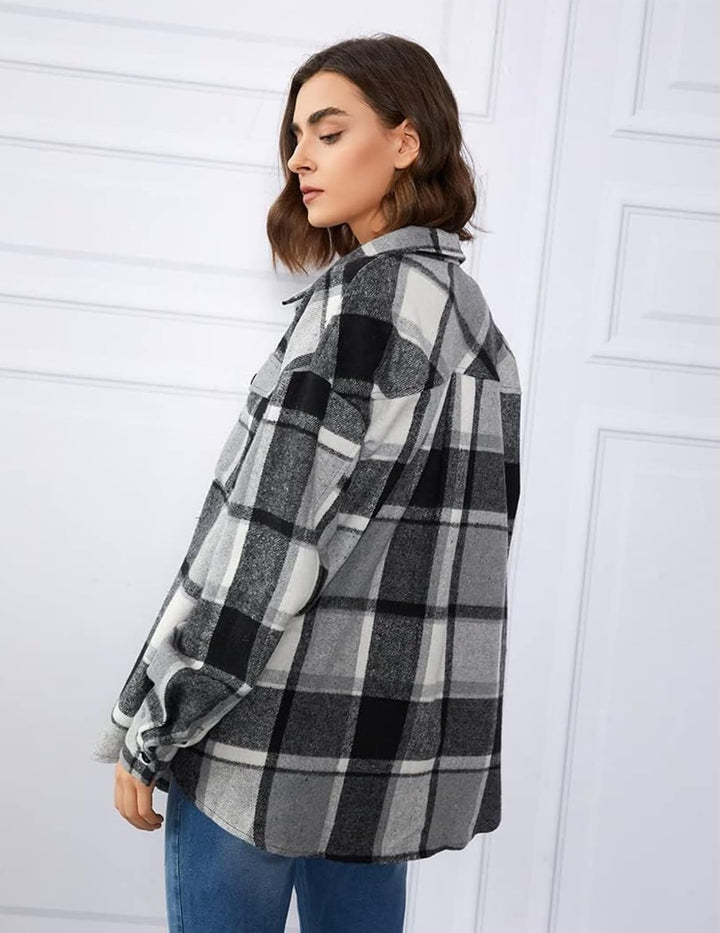 Zeagoo Damen Hemdjacke Karierte Flanellhemd Langarm Loose Shacket Flanell Bluse Jacke mit Knöpfen Üb
