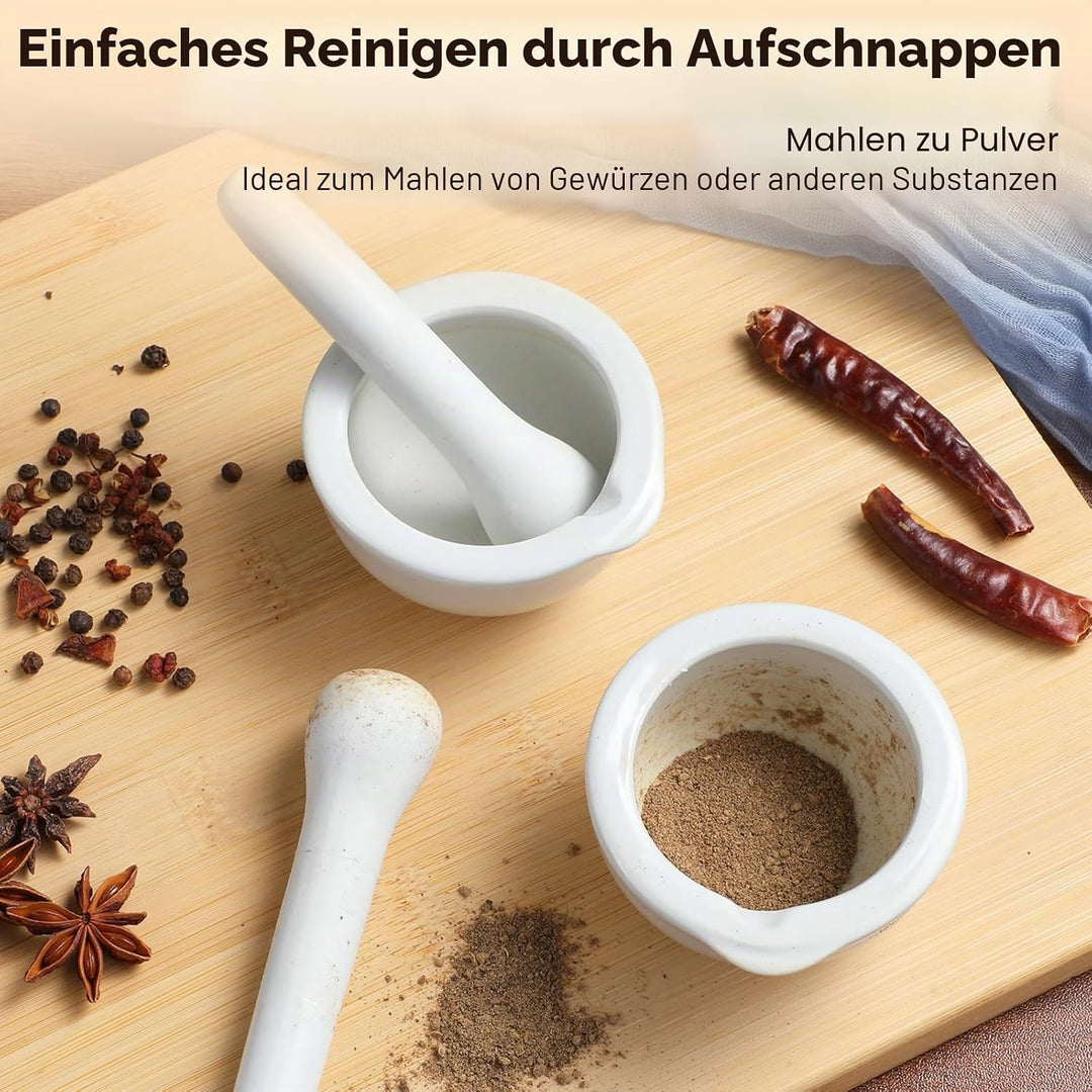 VILLCASE 2 Sets/4 Stück kleiner Porzellanmörser Stössel Set Keramik Kleine Kräuterschale Pesto Pulve
