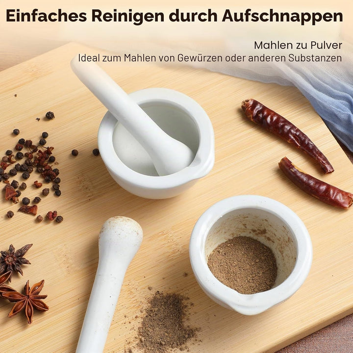 VILLCASE 2 Sets/4 Stück kleiner Porzellanmörser Stössel Set Keramik Kleine Kräuterschale Pesto Pulve