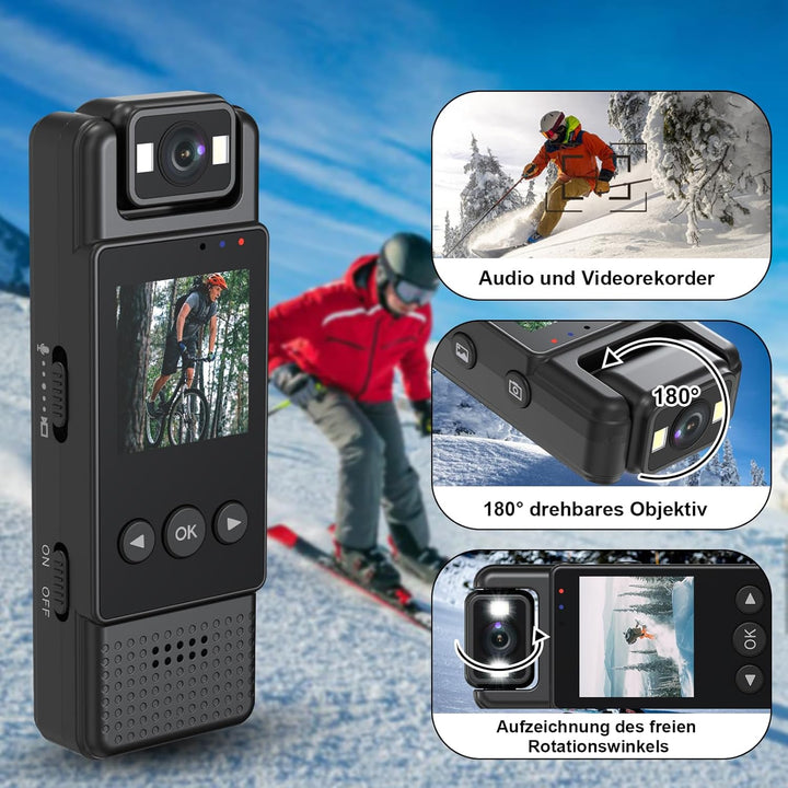 1080P Körperkamera,POV Camera Tragbare Mini Kamera Mini Überwachungskamera mit 180° drehbarem Objekt