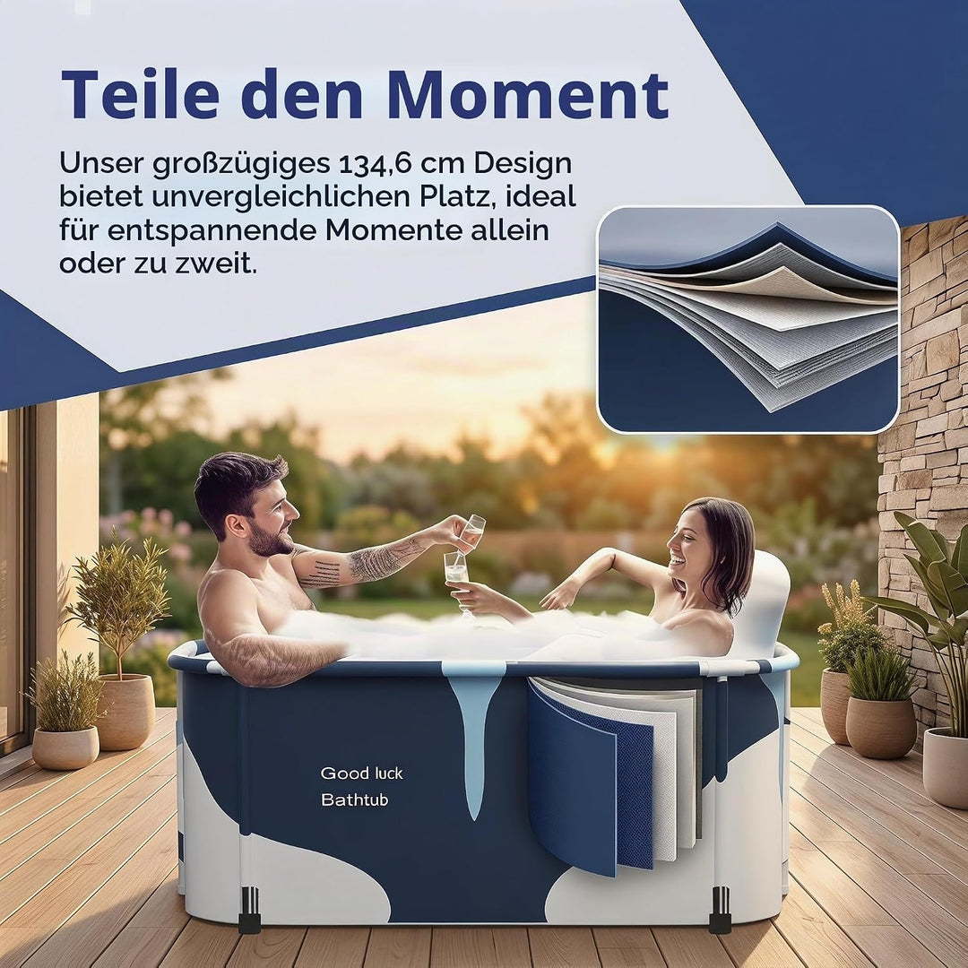 Faltbare Badewanne 140 cm, 6-lagige Isolierung, Ablauf unten/seitlich, inkl. aufblasbare Kissen - fü