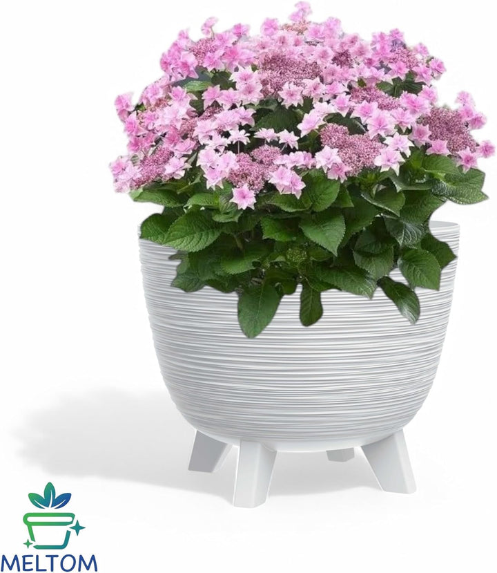MELTOM Blumentopf mit Füssen aus Kunststoff Schale Rund Kräutertopf 3D Rillen (Weiss, M-29cm) M-29cm