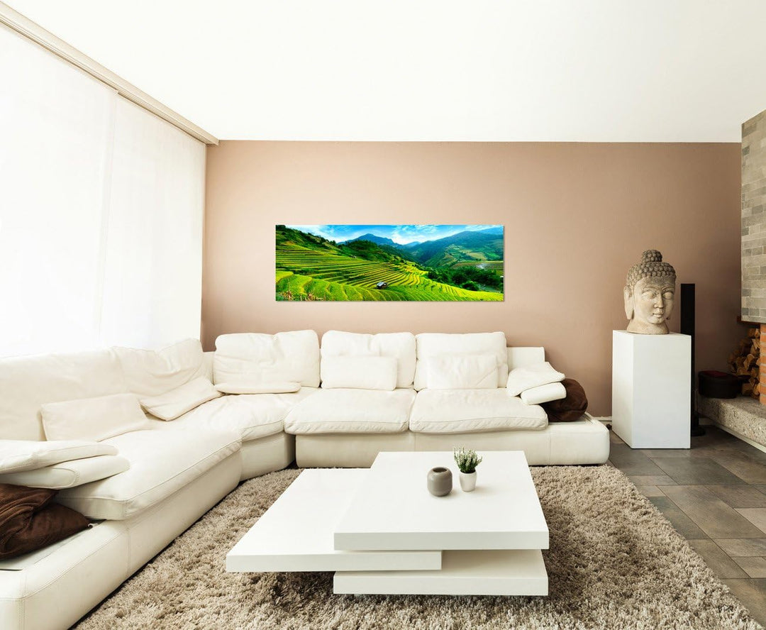 Paul Sinus Art Panoramabild auf Leinwand und Keilrahmen 150x50cm Vietnam Reisfelder Terrassen Berge