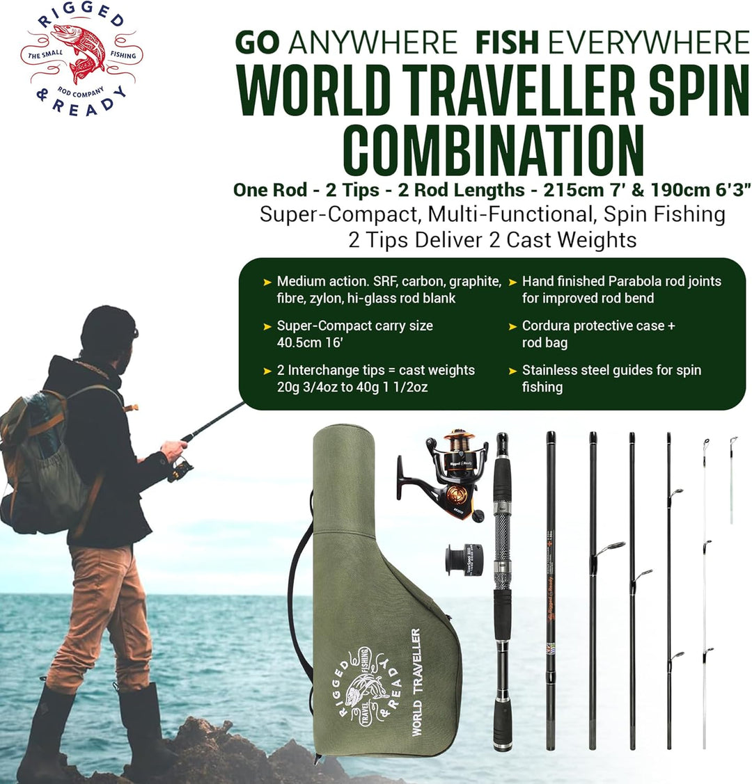 World Traveller Angelrute / Angelrute / Angelrolle, inkl. Etui, 6 Abschnitte, 2 Spitzen, 215 cm + 1,