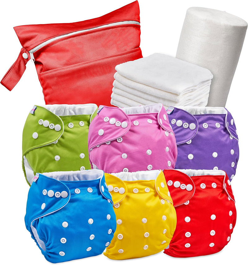 Set aus 6 wiederverwendbaren Windeln - Waschbare Stoffwindeln + 6 Windeleinlagen aus Bambus + 1 Roll
