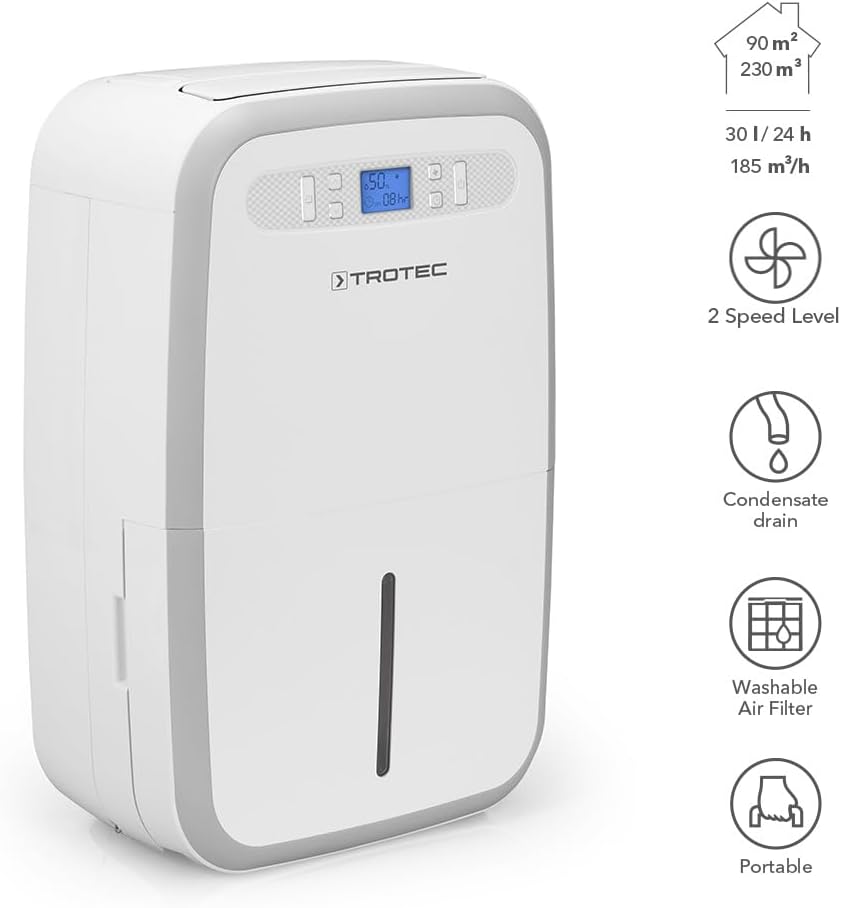 TROTEC Luftentfeuchter elektrisch TTK 95 E – Leistung 30 L/Tag – Fläche 90 m² - 230 m³ – mit Autoabs