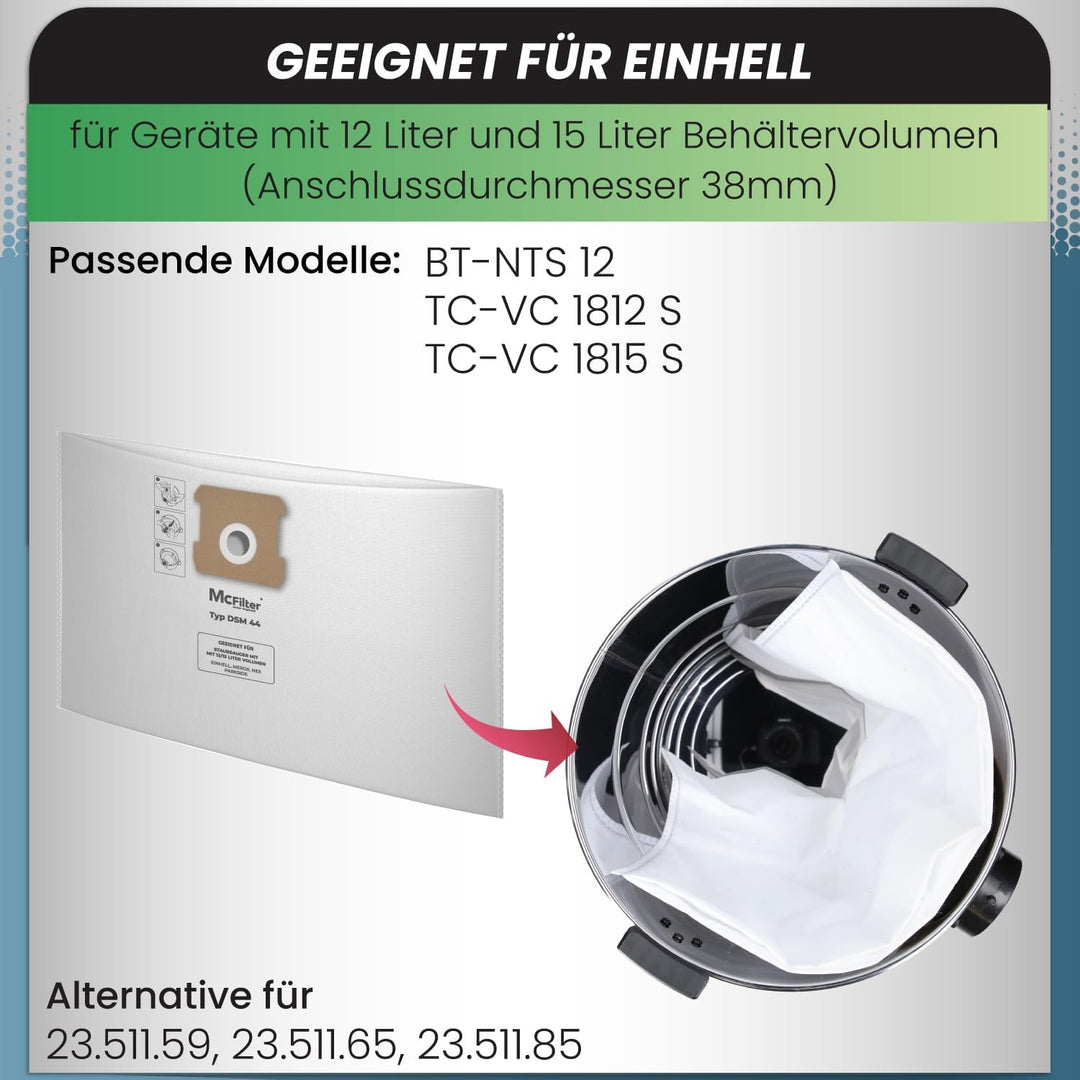 McFilter | 20 Staubsaugerbeutel 12l | kompatibel für ALLE Einhell 12 Liter Nass-Trockensauger | Schm