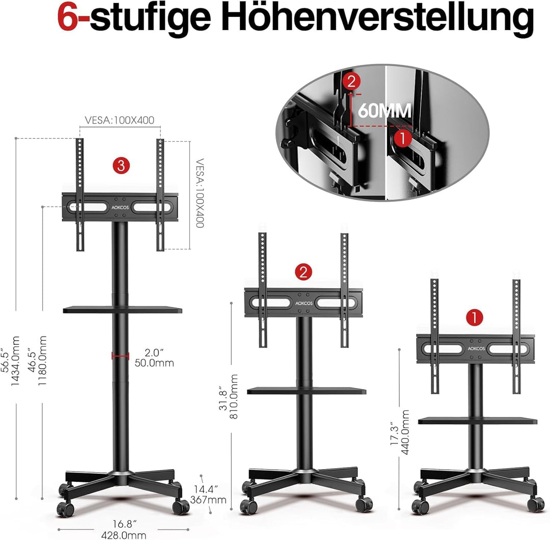 AOKCOS TV Ständer Rollbar für 32-65 Zoll Fernseher, TV Wagen mit Tablett, Fernsehständer Höhenverste