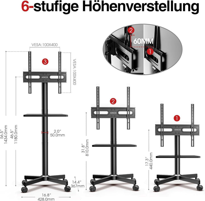 AOKCOS TV Ständer Rollbar für 32-65 Zoll Fernseher, TV Wagen mit Tablett, Fernsehständer Höhenverste
