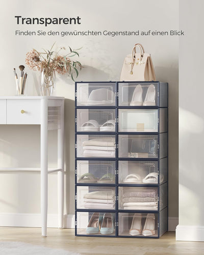 SONGMICS Schuhboxen, 12er Set, Schuh-Organizer aus Kunststoff, faltbar und stapelbar, für Schuhe bis