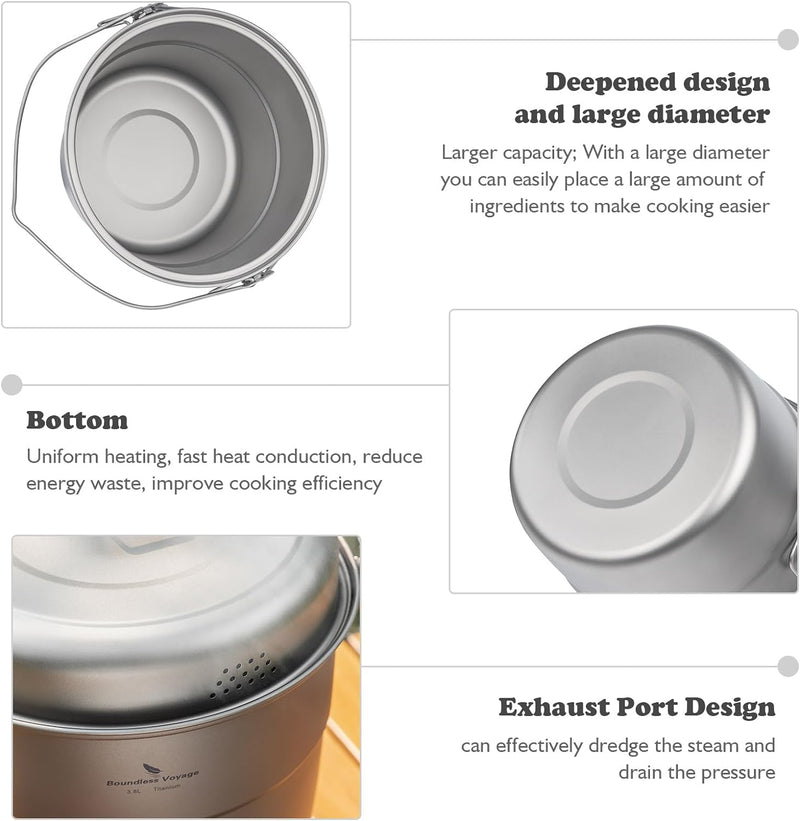 iBasingo 3,8L Titan Topf Camping Dämpfer Kochgeschirr für 2-3 Person mit Dampf Rack Stufendampfer vo