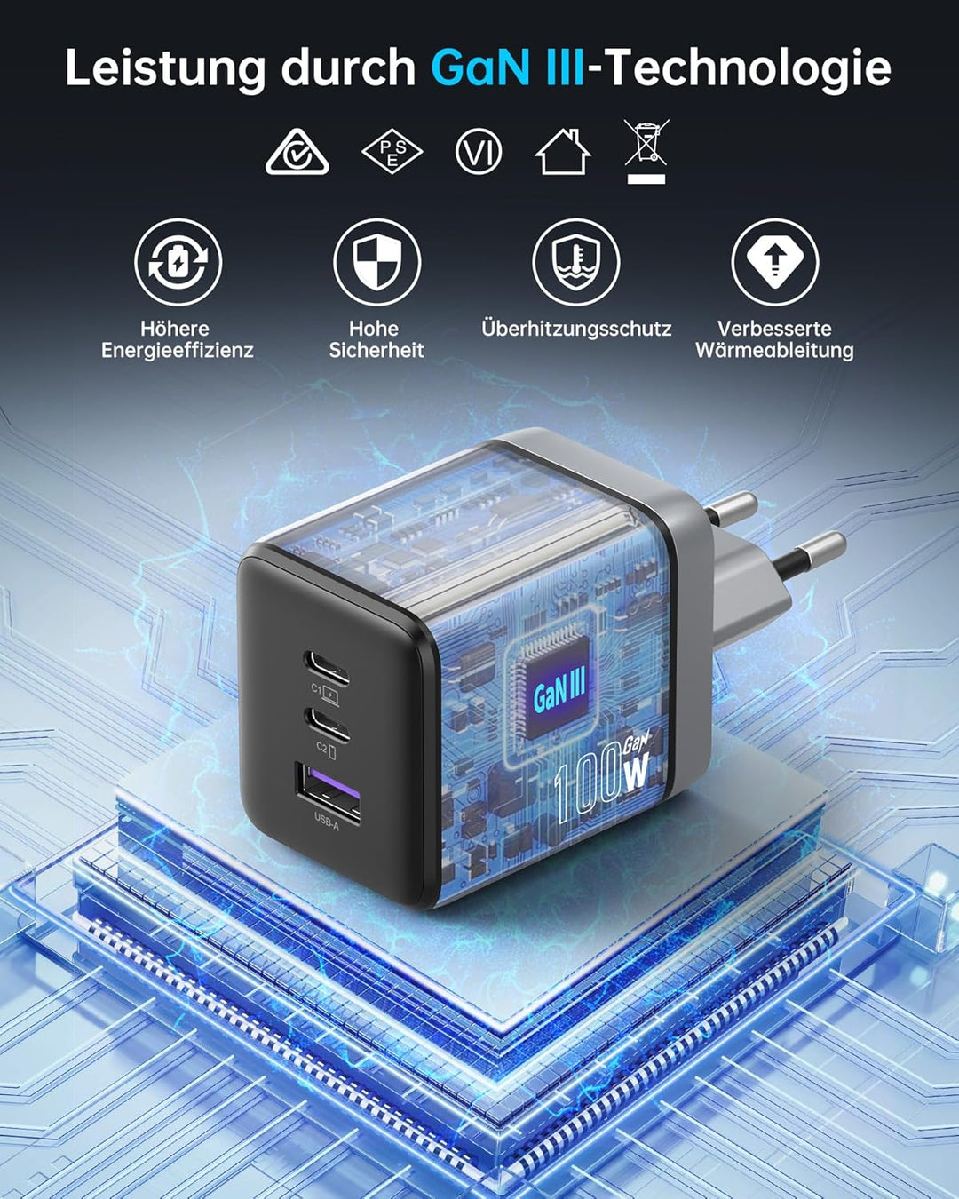NOVOO 100W USB C Ladegerät GaN Ⅲ 3-Port USB C Netzteil Schnellladegerät PD MacBook Charger mit Ladek