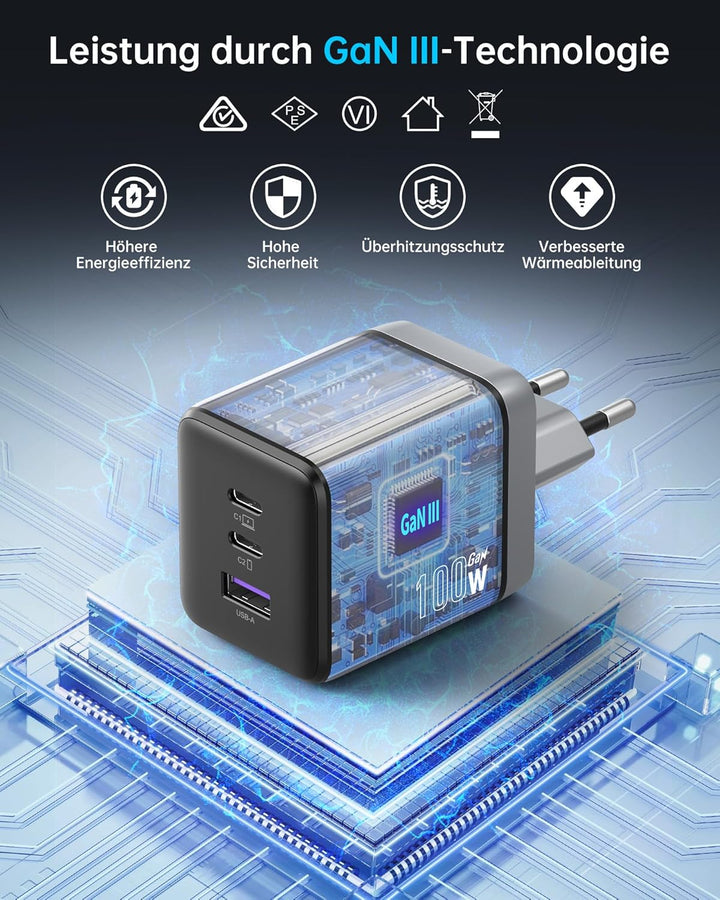 NOVOO 100W USB C Ladegerät GaN Ⅲ 3-Port USB C Netzteil Schnellladegerät PD MacBook Charger mit Ladek