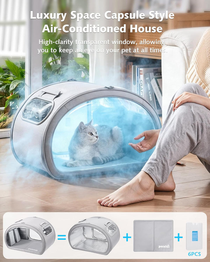 Pecute Katzenkühlhaus mit Dual-Kühl-System (6 Kühlakkus &amp; Gel-Matte) – Faltbares Katzenzelt Sommer,
