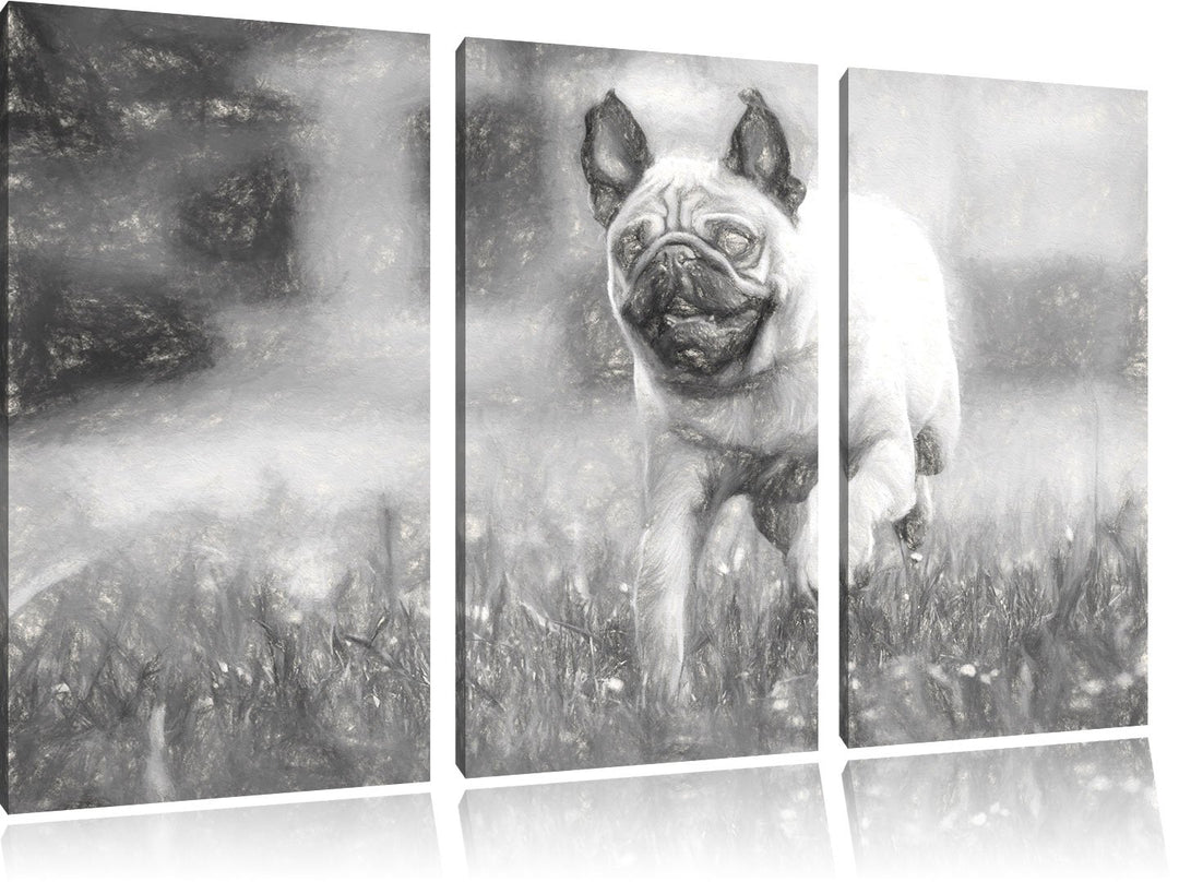 Pixxprint Rennender Mops Kunst als Leinwandbild/Grösse: 3 Teilig (120x80) / Wandbild/Kunstdruck/fert