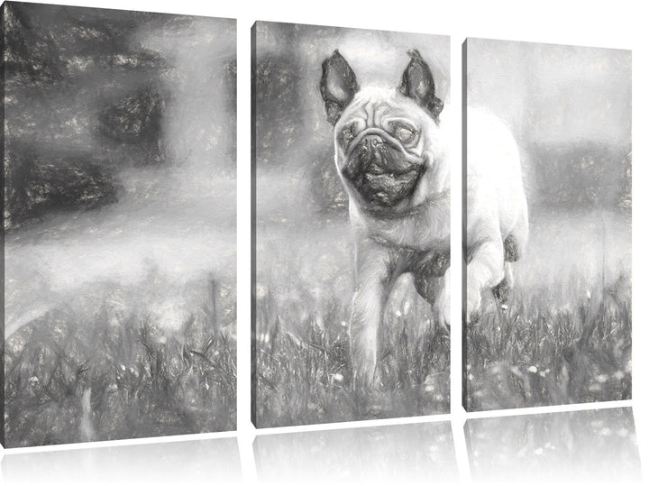 Pixxprint Rennender Mops Kunst als Leinwandbild/Grösse: 3 Teilig (120x80) / Wandbild/Kunstdruck/fert