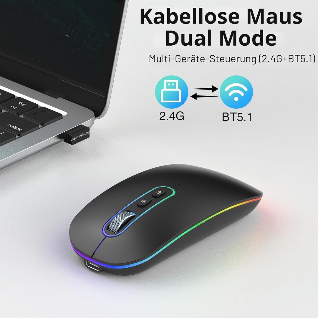 cimetech Bluetooth Maus kabellos (Bluetooth 5.1 + USB 2,4 GHz) LED Dual Mode- Wiederaufladbare Optis