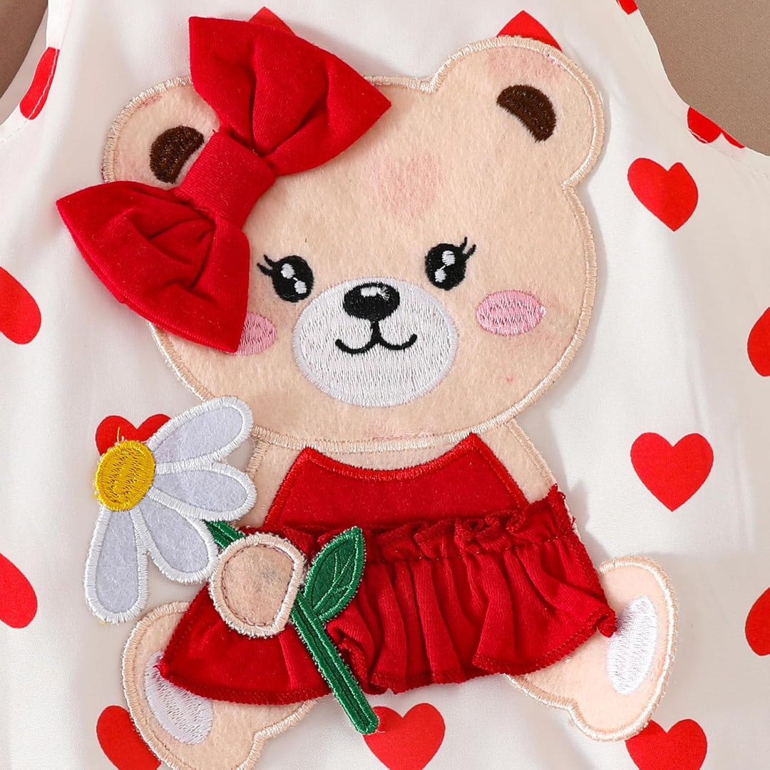 Baby Outfits für Mädchen mit Herz Print kurzärmelig Strampler Hosenträgerrock Bären Kleid Schleife S