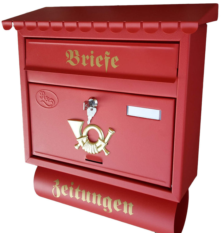 Grosser Briefkasten/Postkasten XXL Rot matt mit Zeitungsrolle Flachdach Katalogeinwurf Zeitungsfach