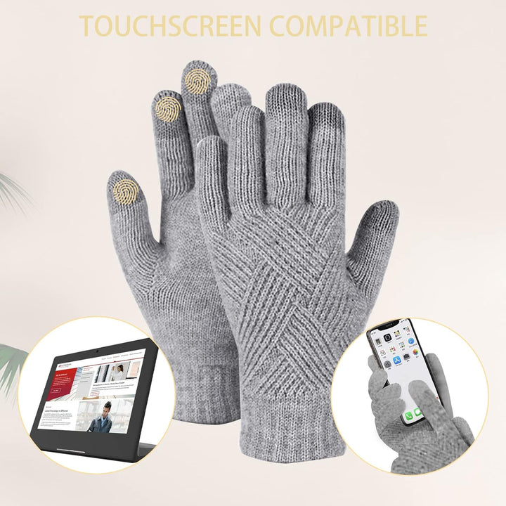 Damen Bommelmütze, Schals, Handschuhe, Set, Thermo, Winter, warm, Strickmütze, Halswärmer und Touchs