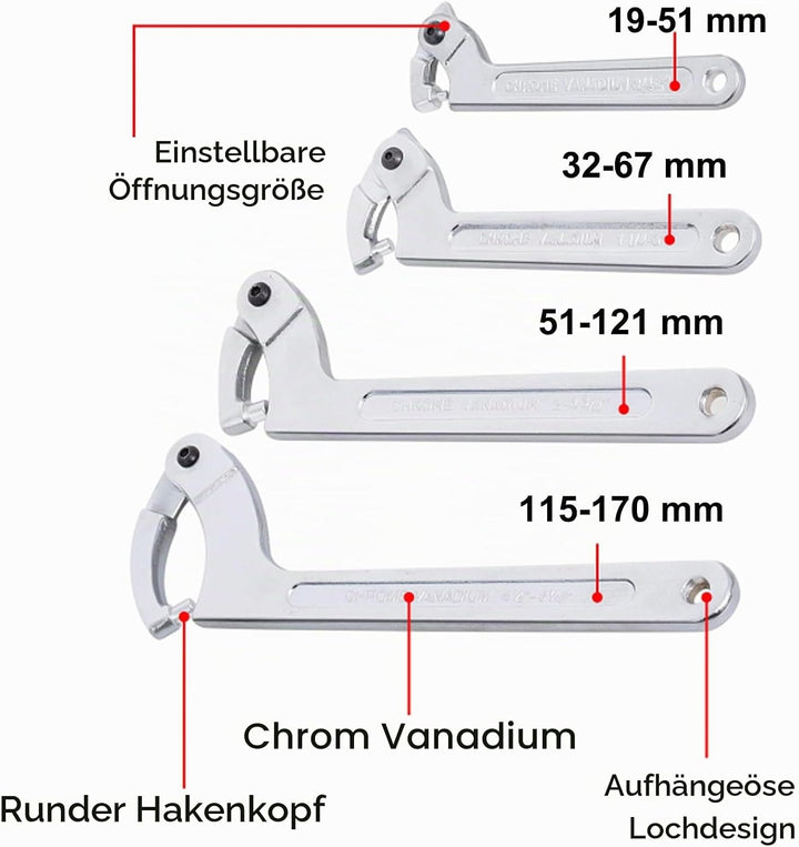 Poweka Verstellbarer C-Stiftschlüssel Hakenschlüssel,(4 Stück) 3/4-2", 1 1/4-3", 2-4 3/4", 4 1/2-6 7
