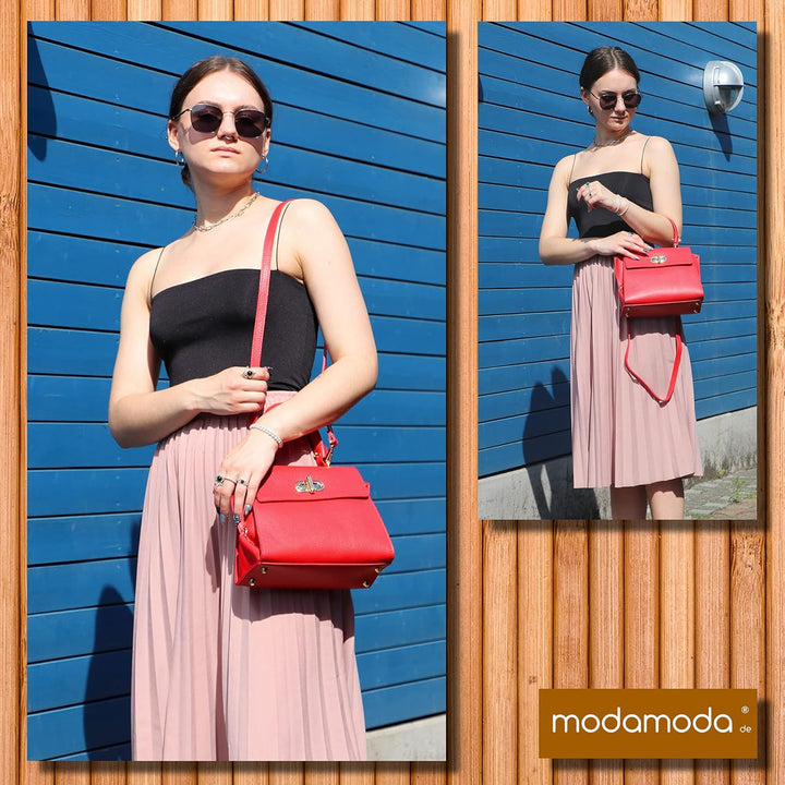 modamoda de - T182 - ital. Damen Henkeltasche Klein Leder Bordeauxrot, Bordeauxrot