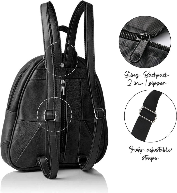 Woodland Leathers Modischer Damenrucksack, klein, schwarz, mit Anti-Diebstahl-Reissverschluss und Ha