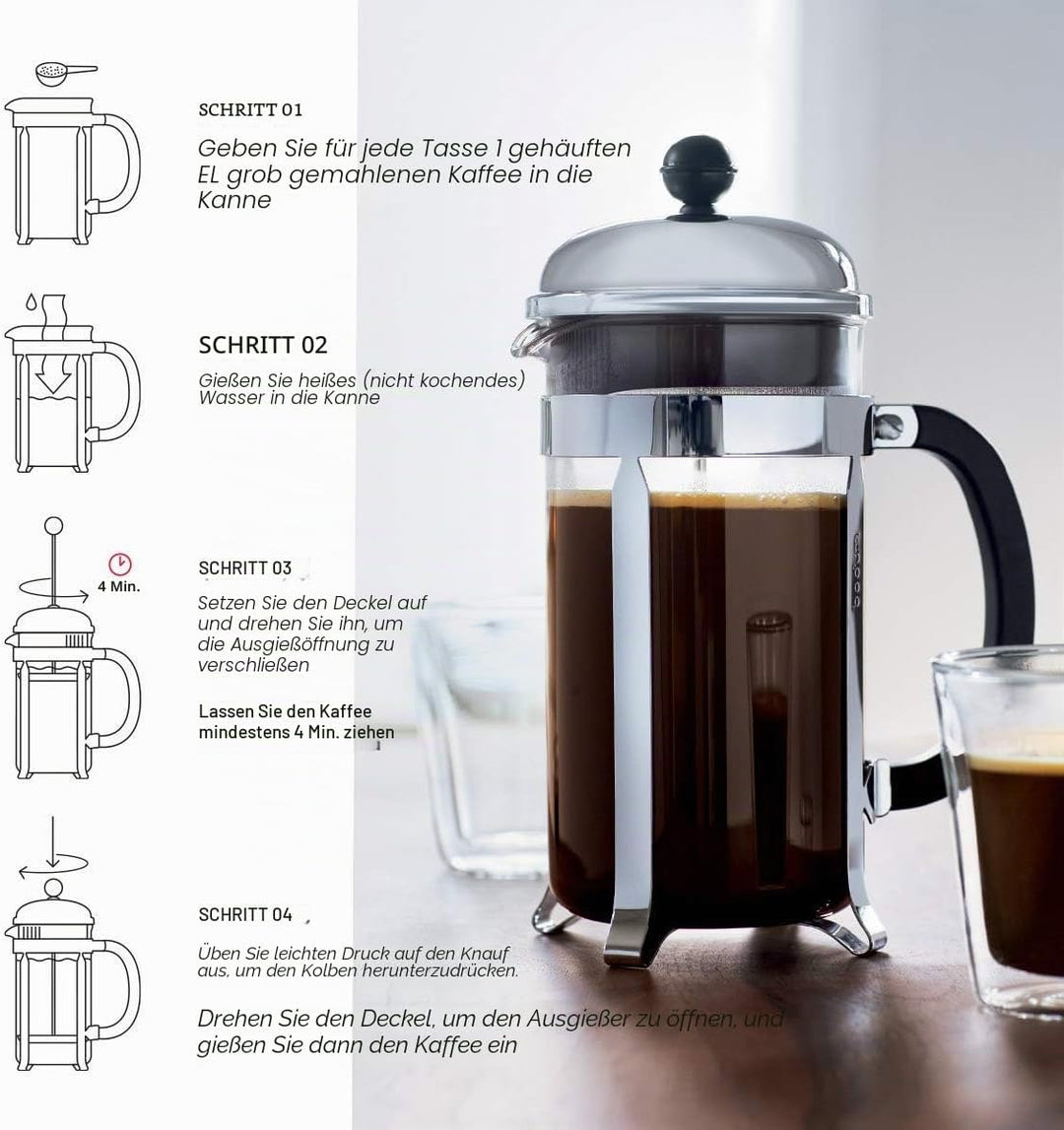 Bodum Chambord Kaffeebereiter 8 Tassen mit Metallrahmen, Chrom, Schwarz, 1 l