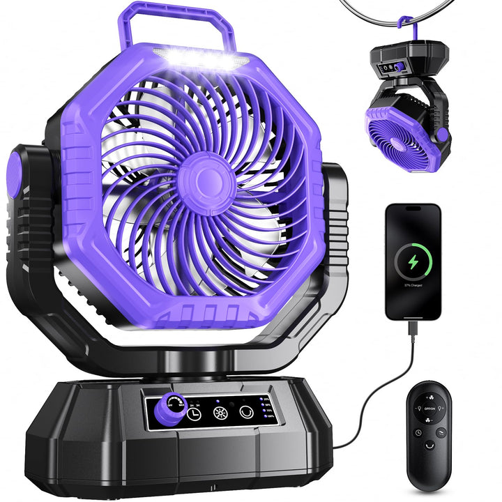 VTHW Camping Ventilator, 20000mAh Wiederaufladbarer Ventilator mit LED Licht & Haken, 270° Drehung,