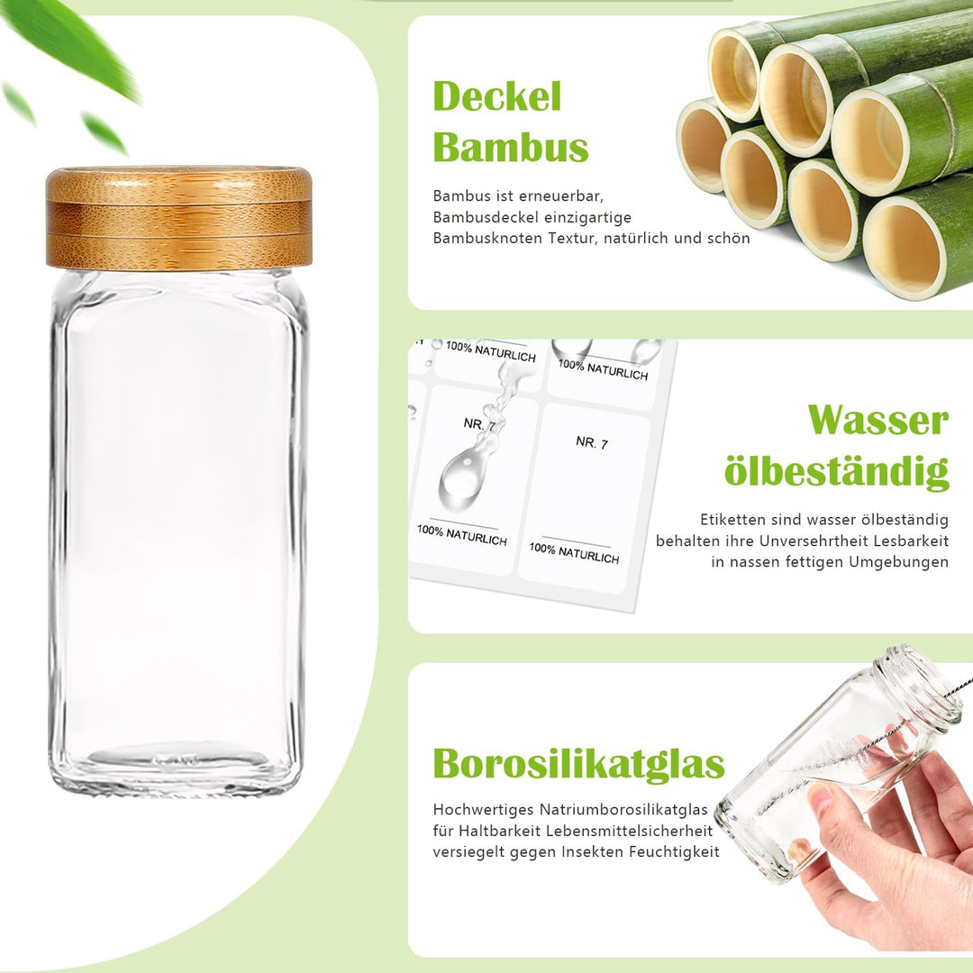 SAEIV 12 Gewürzgläser Eckig,Gewürzgläser mit Etiketten Bambusdeckel,Gewürzgläser mit Streueinsatz,12